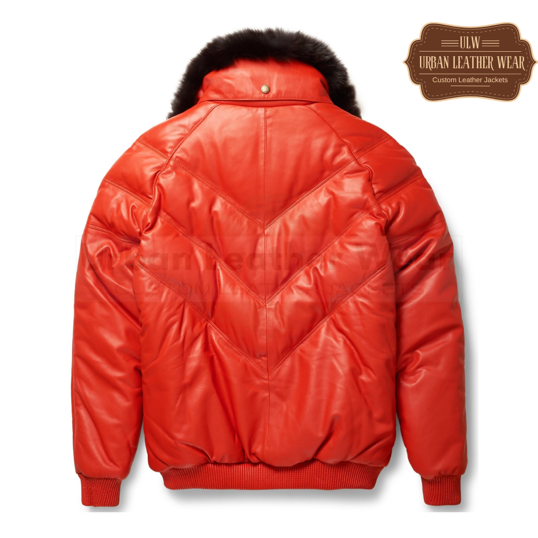 Men Orange Leather V-Bomber Jacket