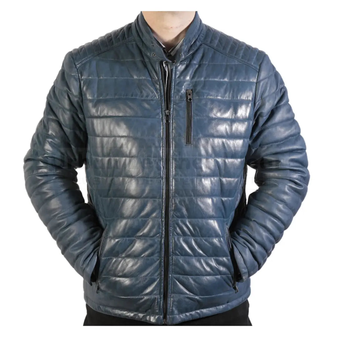 Puffer men blue quilted leather padded jacket