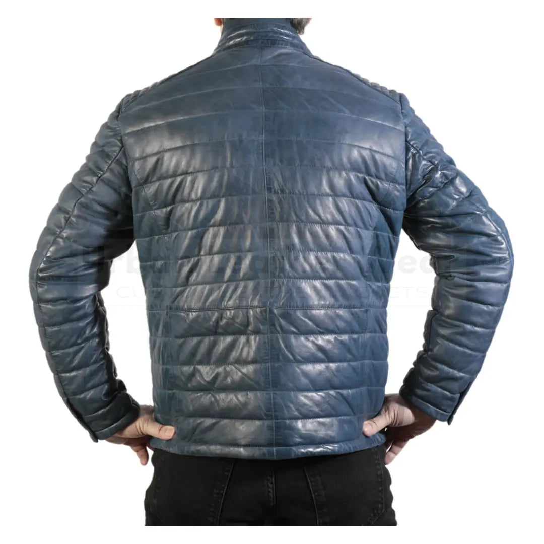 Puffer men blue quilted leather padded jacket