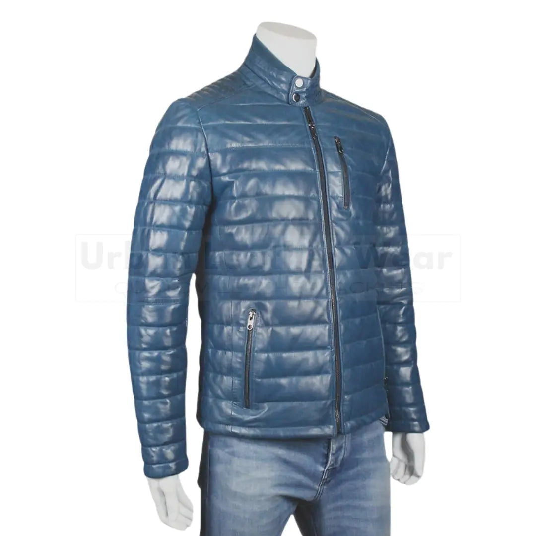 Puffer men blue quilted leather padded jacket