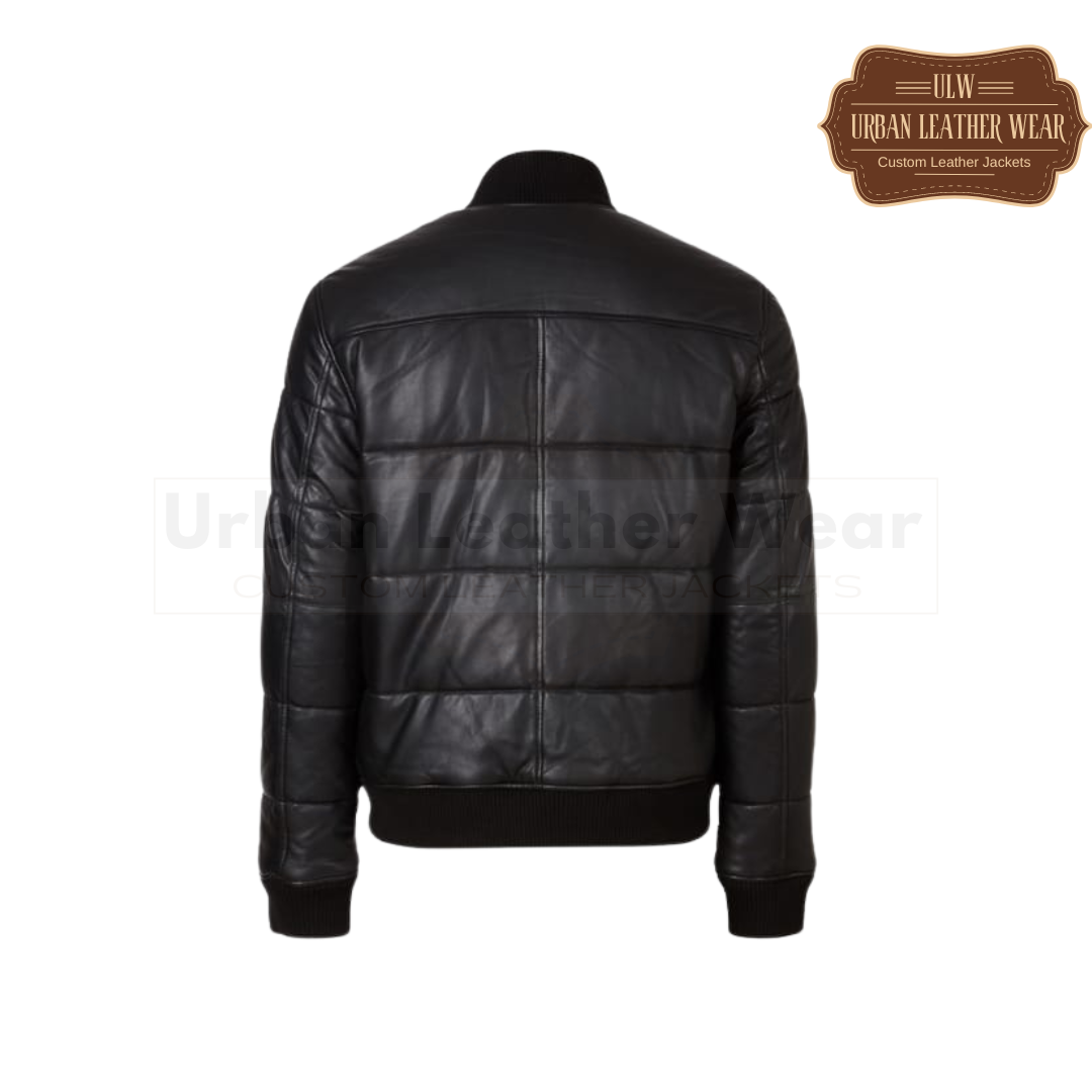 Men Puffer Bomber Jacket Black with leather, featuring a front YKK zip closure and two outer pockets, offering warmth and style with a puffer design.