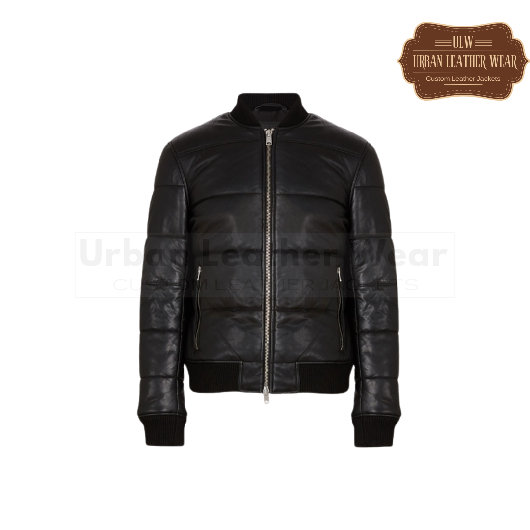 Men Puffer Bomber Jacket Black with leather, featuring a front YKK zip closure and two outer pockets, offering warmth and style with a puffer design.