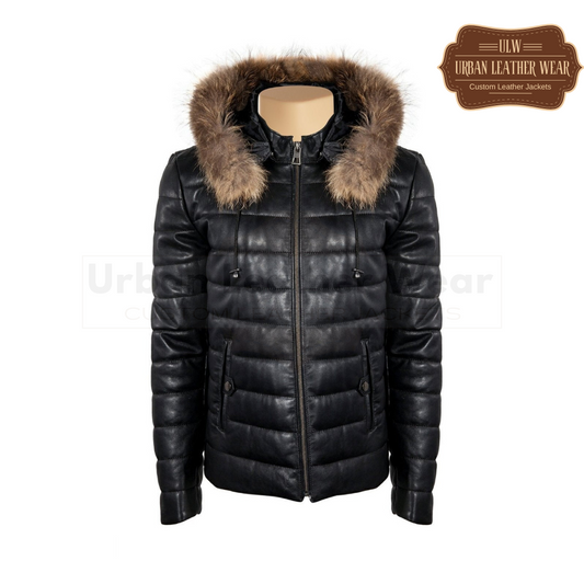 Women Puffer leather jacket with fur hoodie, featuring a fur-trimmed hood, YKK zip closure, and two outer pockets, designed for warmth and style.