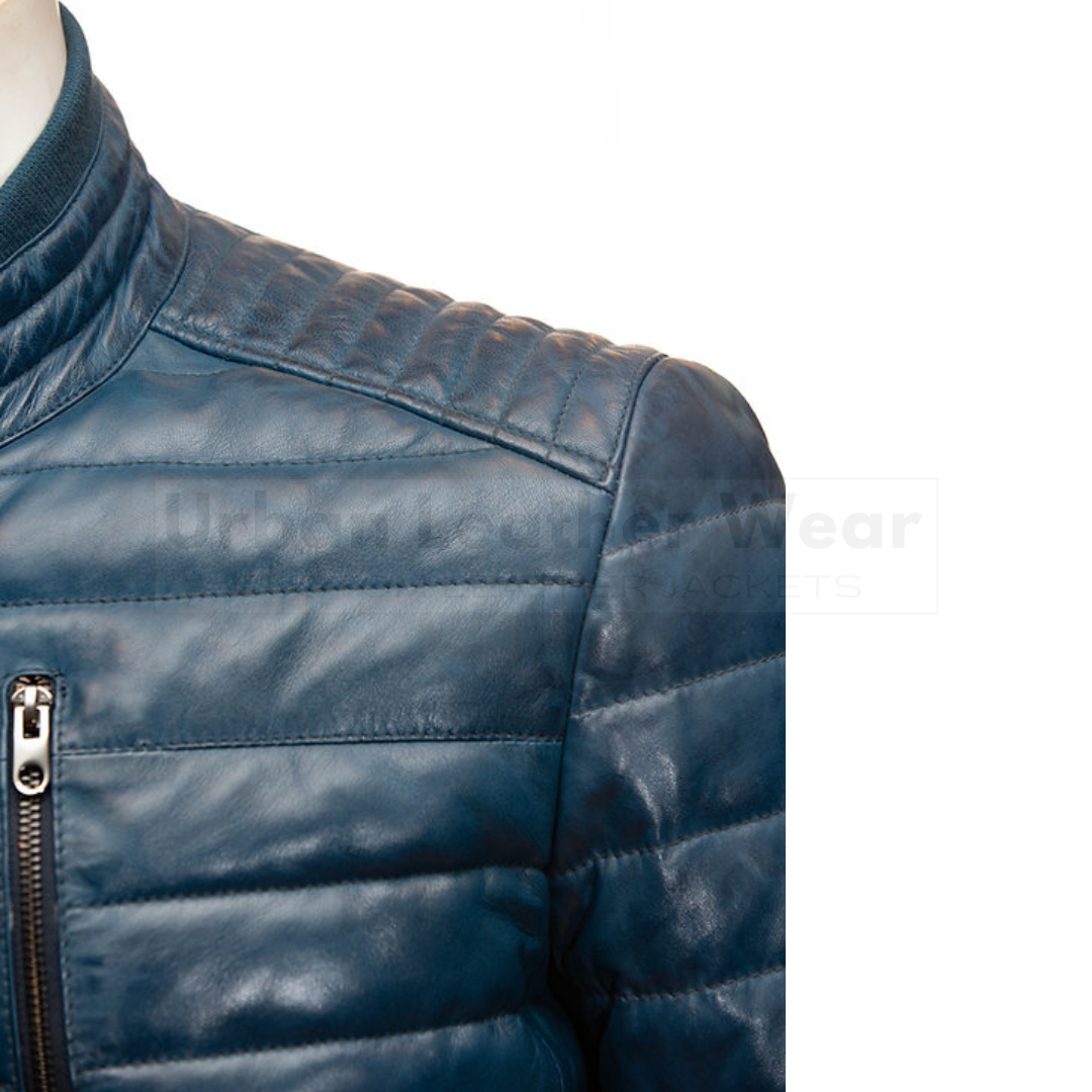 Puffer men blue quilted leather padded jacket