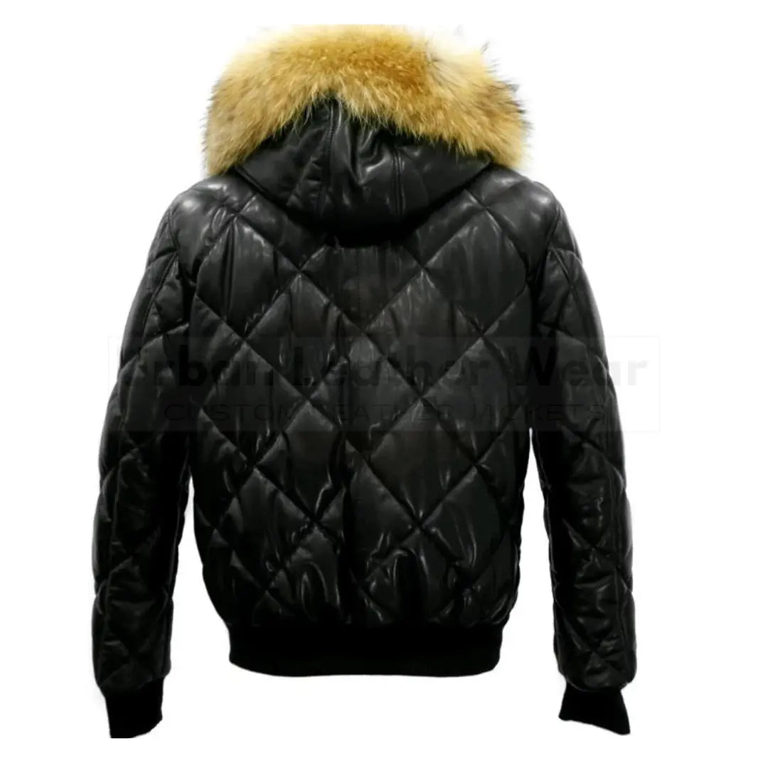 Quilted puffer leather jacket with diamond stitching, featuring a fur hood and front YKK zip closure, designed for warmth and style.