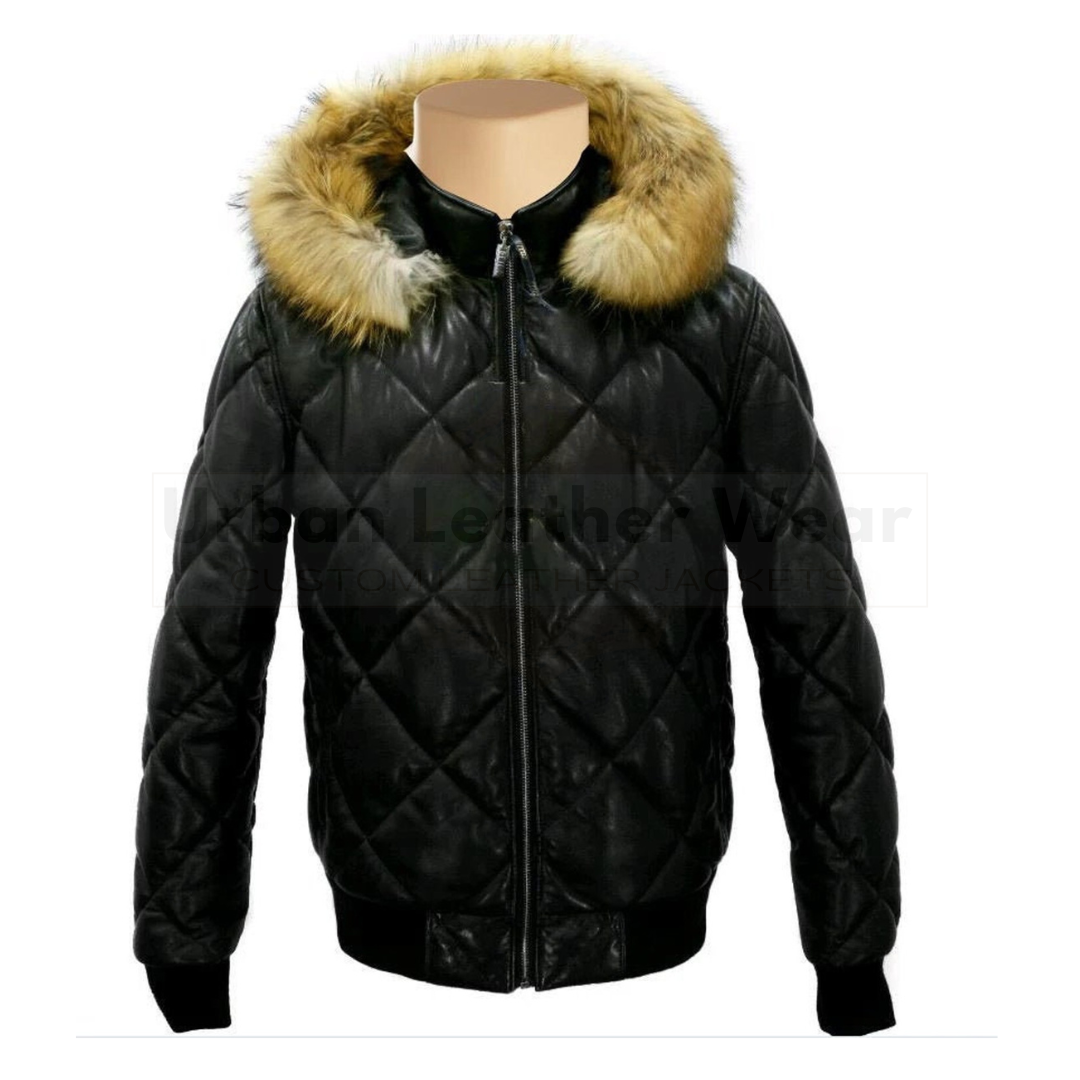 Quilted puffer leather jacket with diamond stitching, featuring a fur hood and front YKK zip closure, designed for warmth and style.