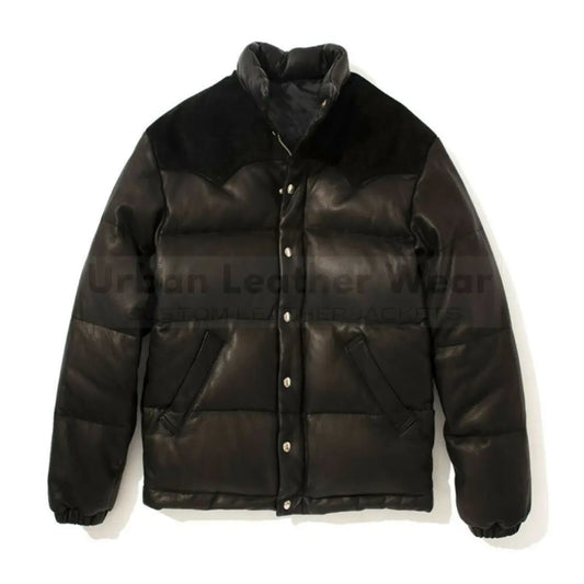 Real Leather Puffer Down Bomber Black Leather Jacket
