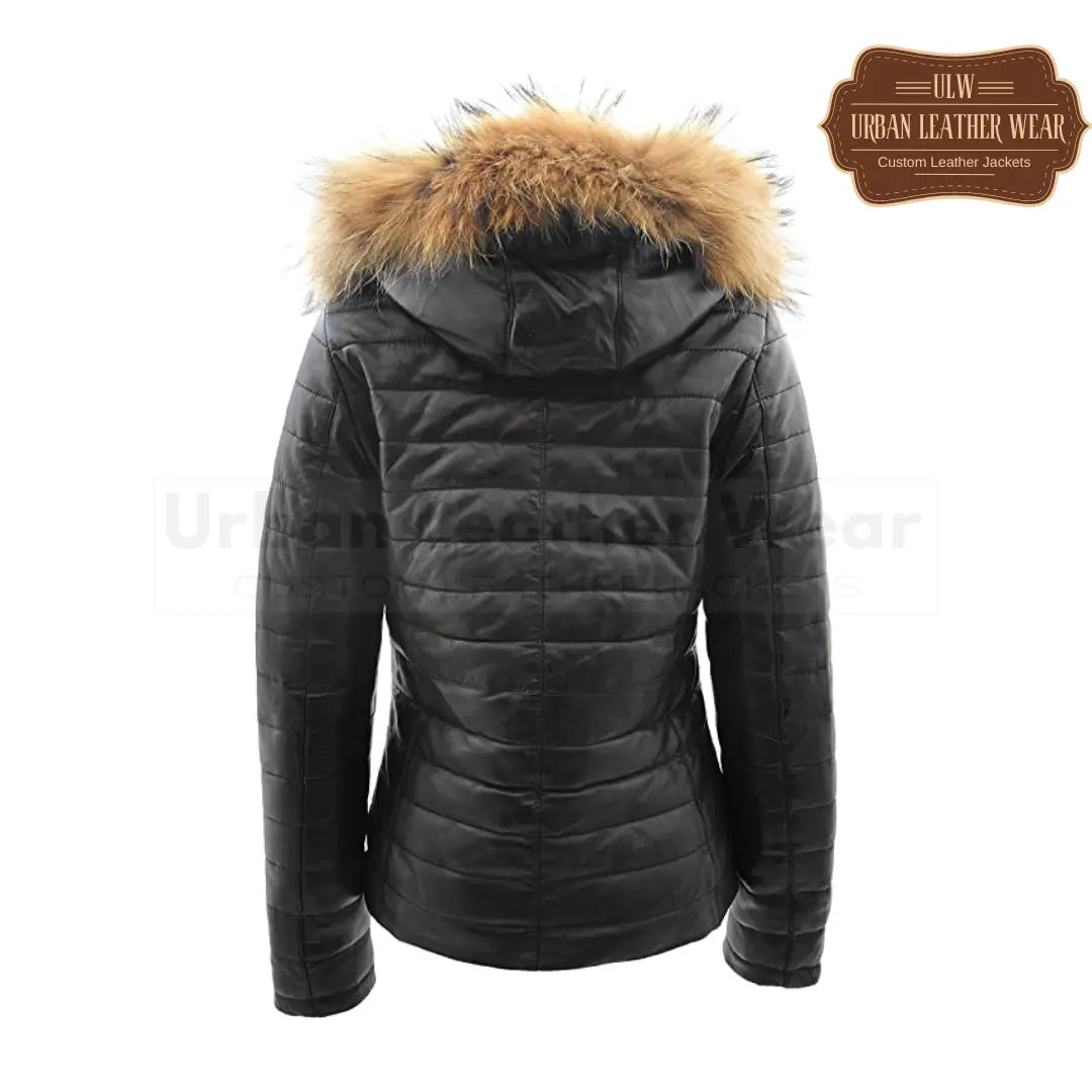 Real leather puffer jacket fully quilted removable hood black
