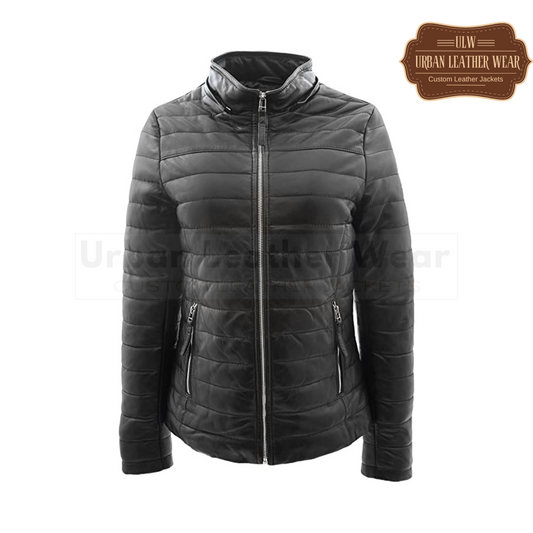 Real leather puffer jacket fully quilted removable hood black
