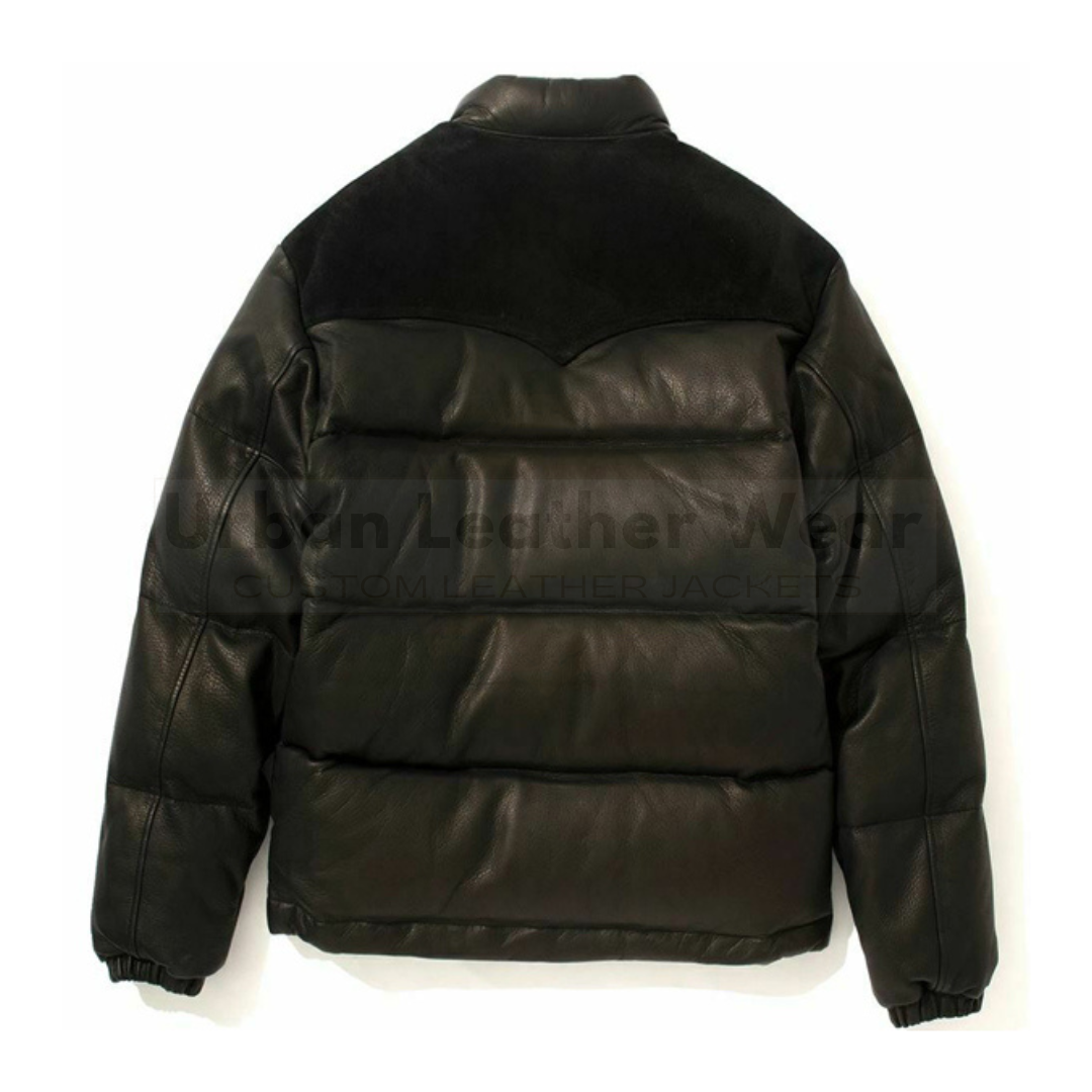 Real Leather Puffer Down Bomber Black Leather Jacket
