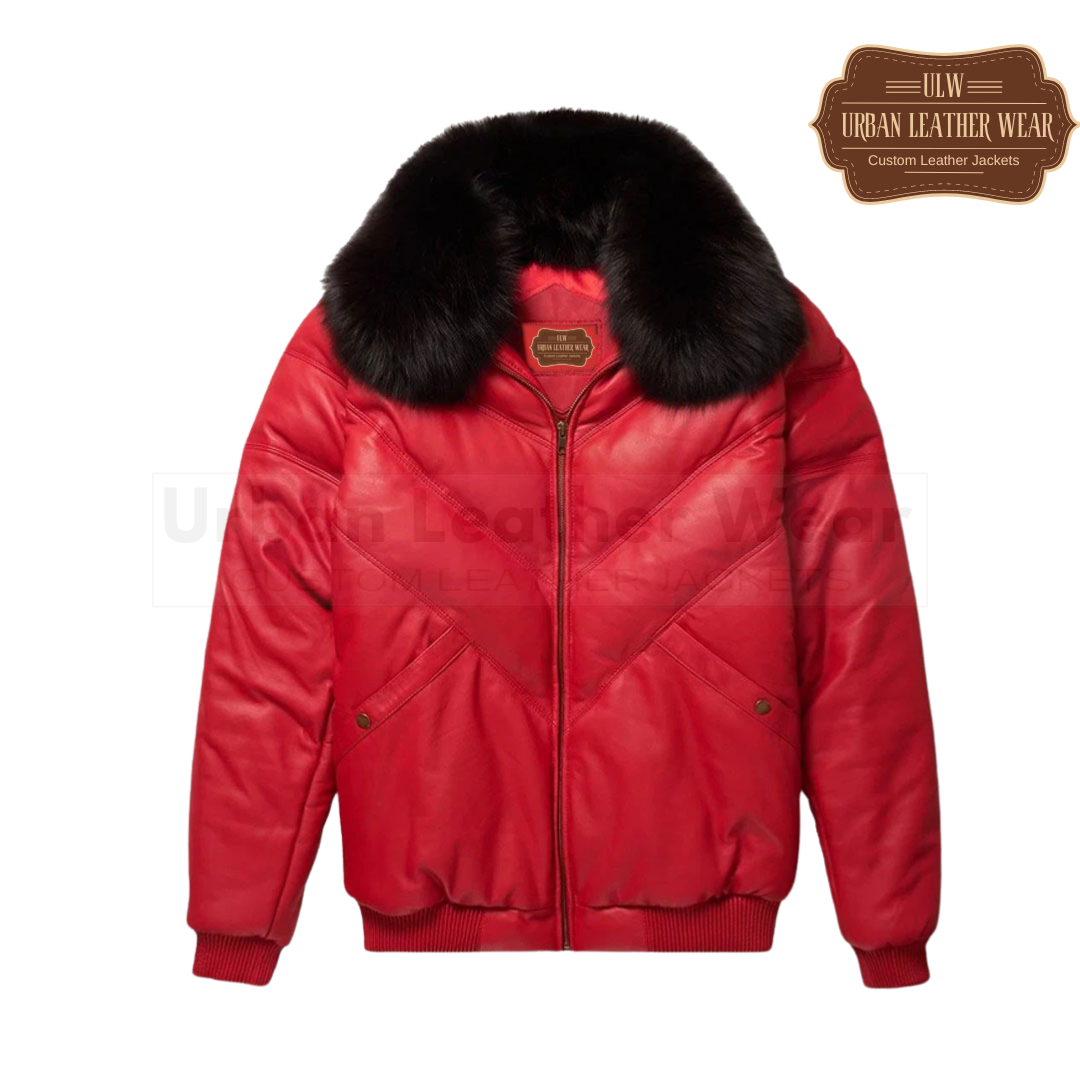 Men Leather V-Bomber puffer Jacket (Red)