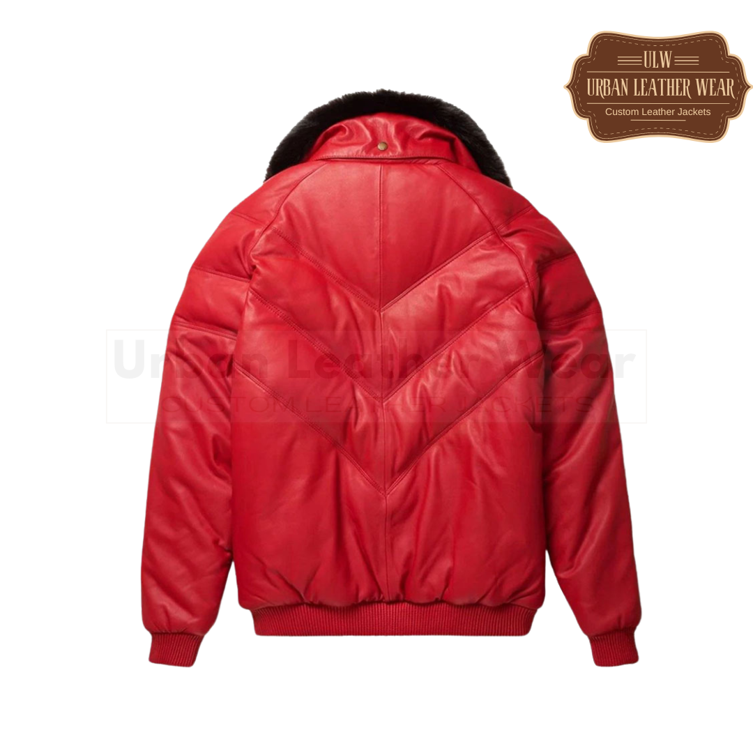 Men Leather V-Bomber puffer Jacket (Red)