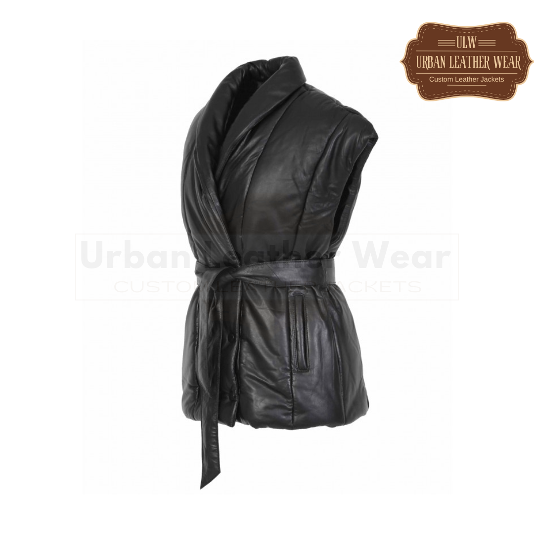 Women short genuine leather sleeveless down jacket

