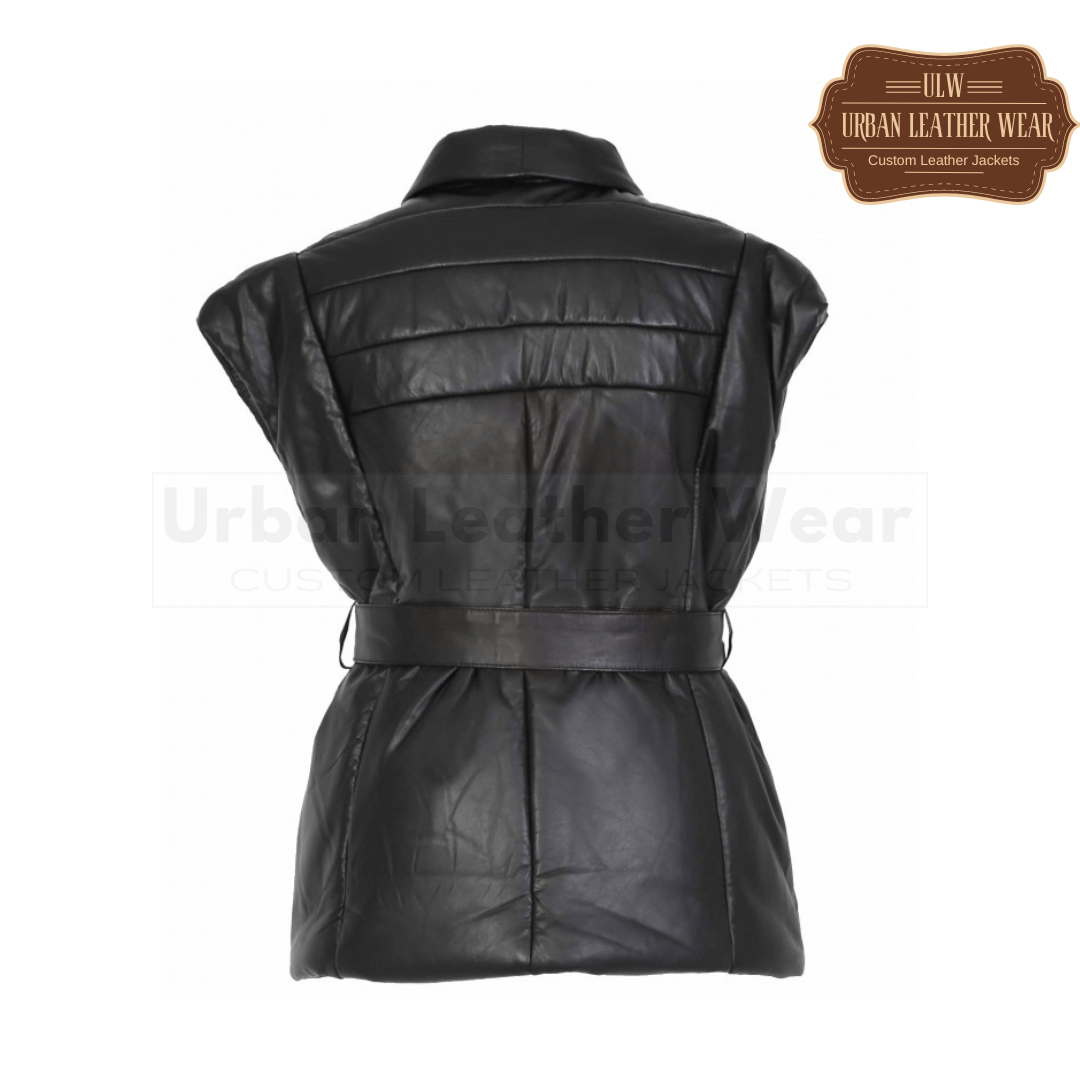 Women short genuine leather sleeveless down jacket