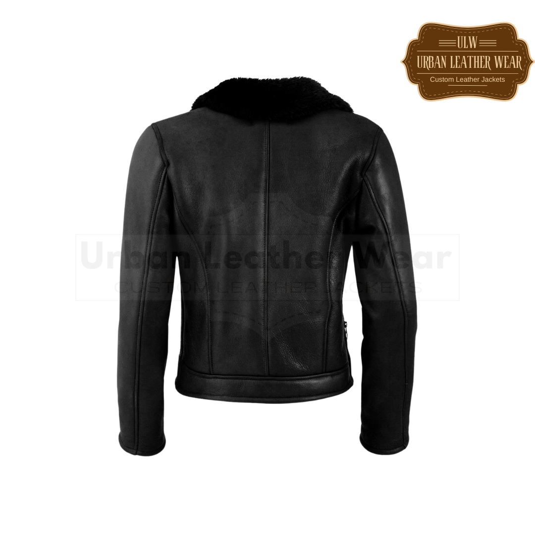 Women Shearling Biker Jacket black URBAN LEATHER WEAR LTD