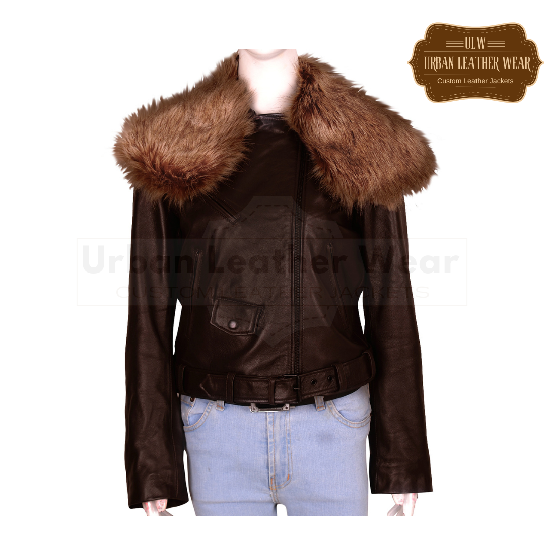 Buy our Women Shearling Fur Collar Brown Jacket. Made Real Leather