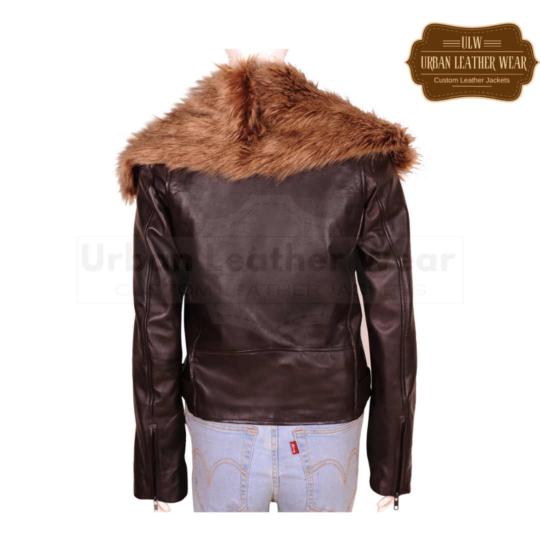 Buy our Women Shearling Fur Collar Brown Jacket. Made Real Leather