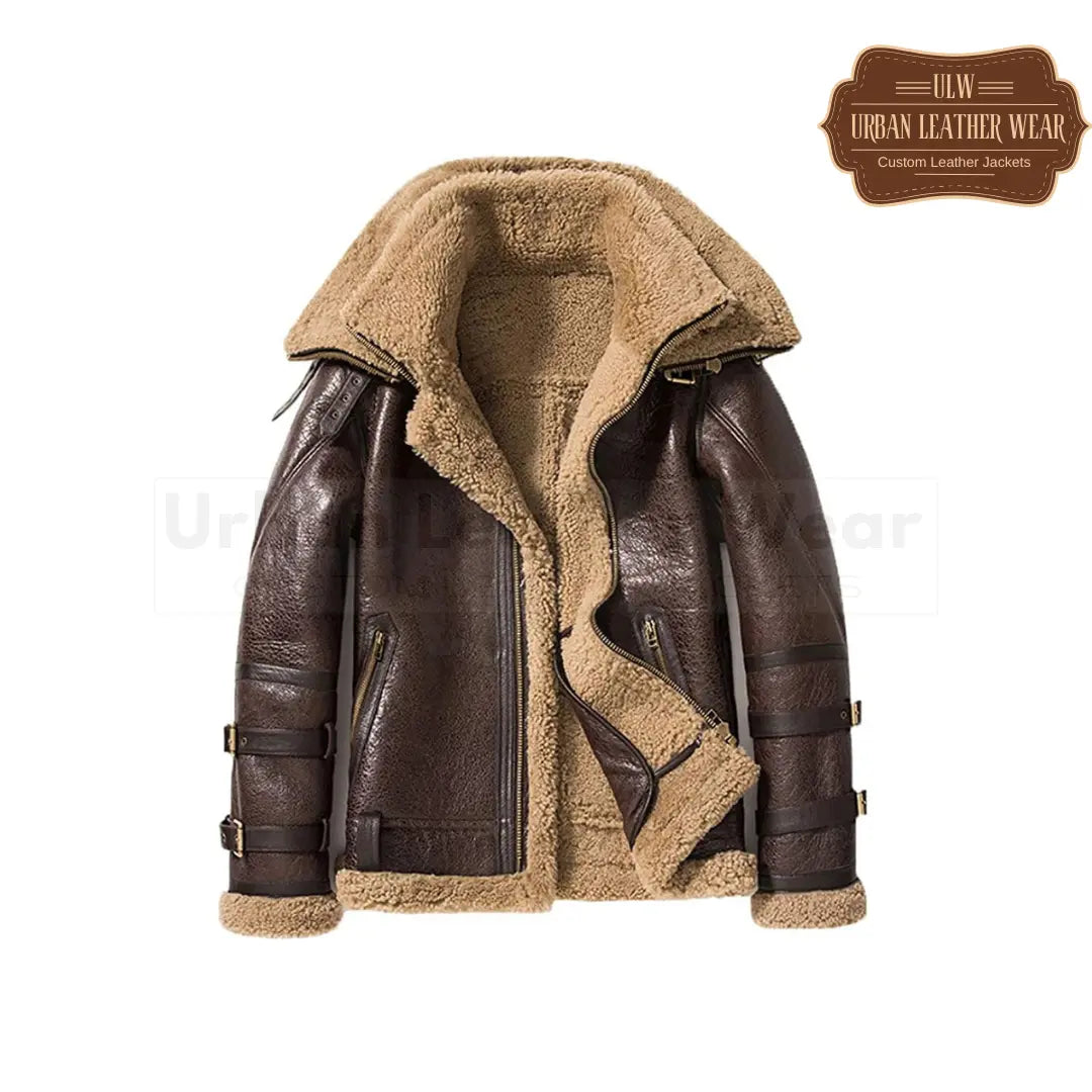 Short Double Collar Shearling Fur Men Leather Jacket

