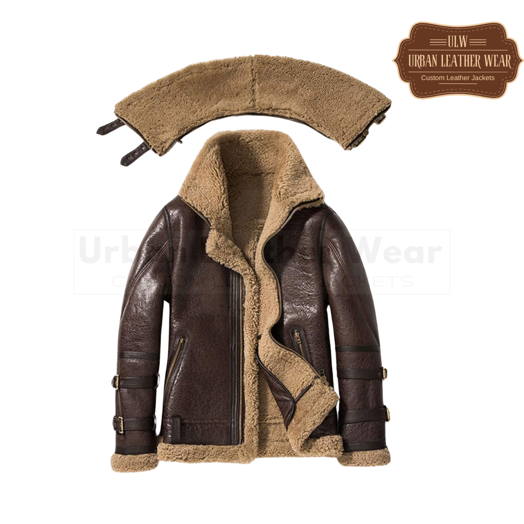 Short Double Collar Shearling Fur Men Leather Jacket

