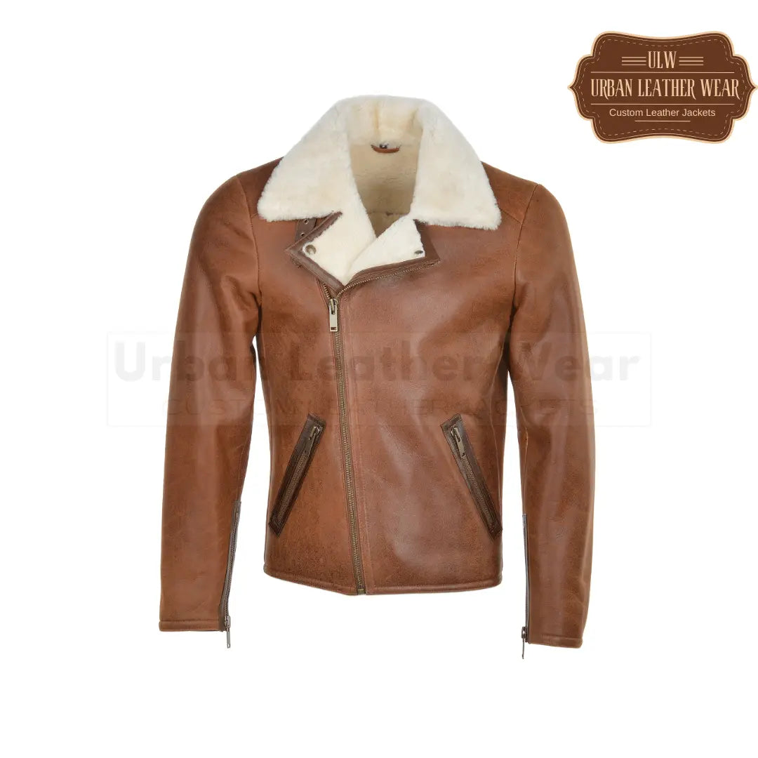 Side Zip Biker Shearling Pilot Leather Jacket Tan