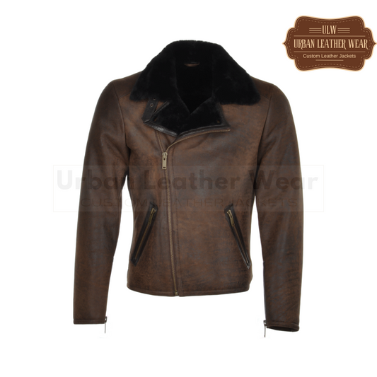 Men Side Zip Biker Pilot Shearling Jacket Brown