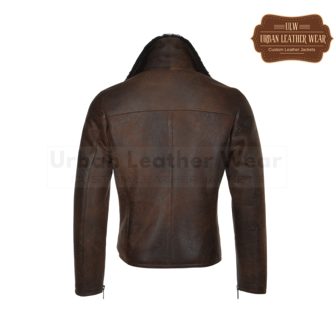 Men Side Zip Biker Pilot Shearling Jacket Brown
