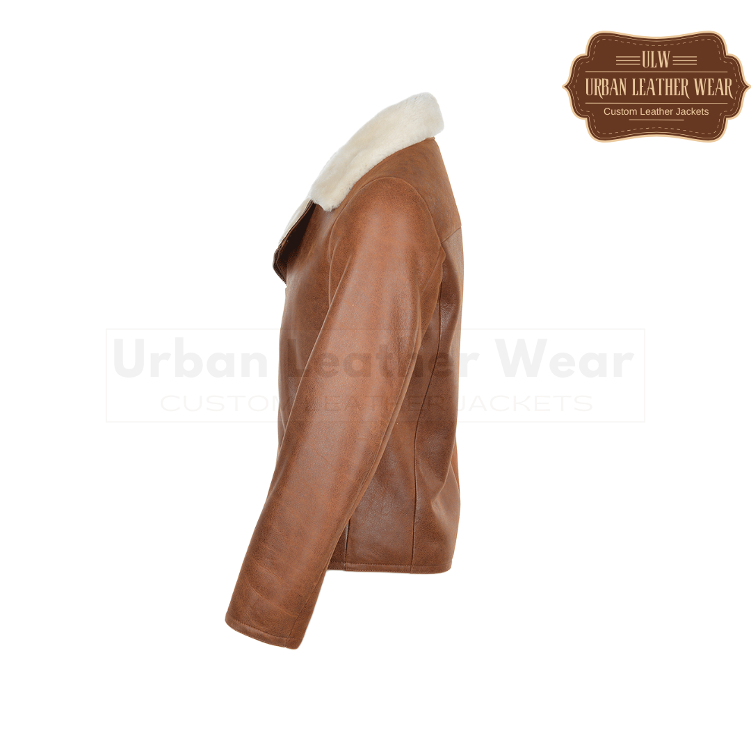 Side Zip Biker Shearling Pilot Leather Jacket Tan