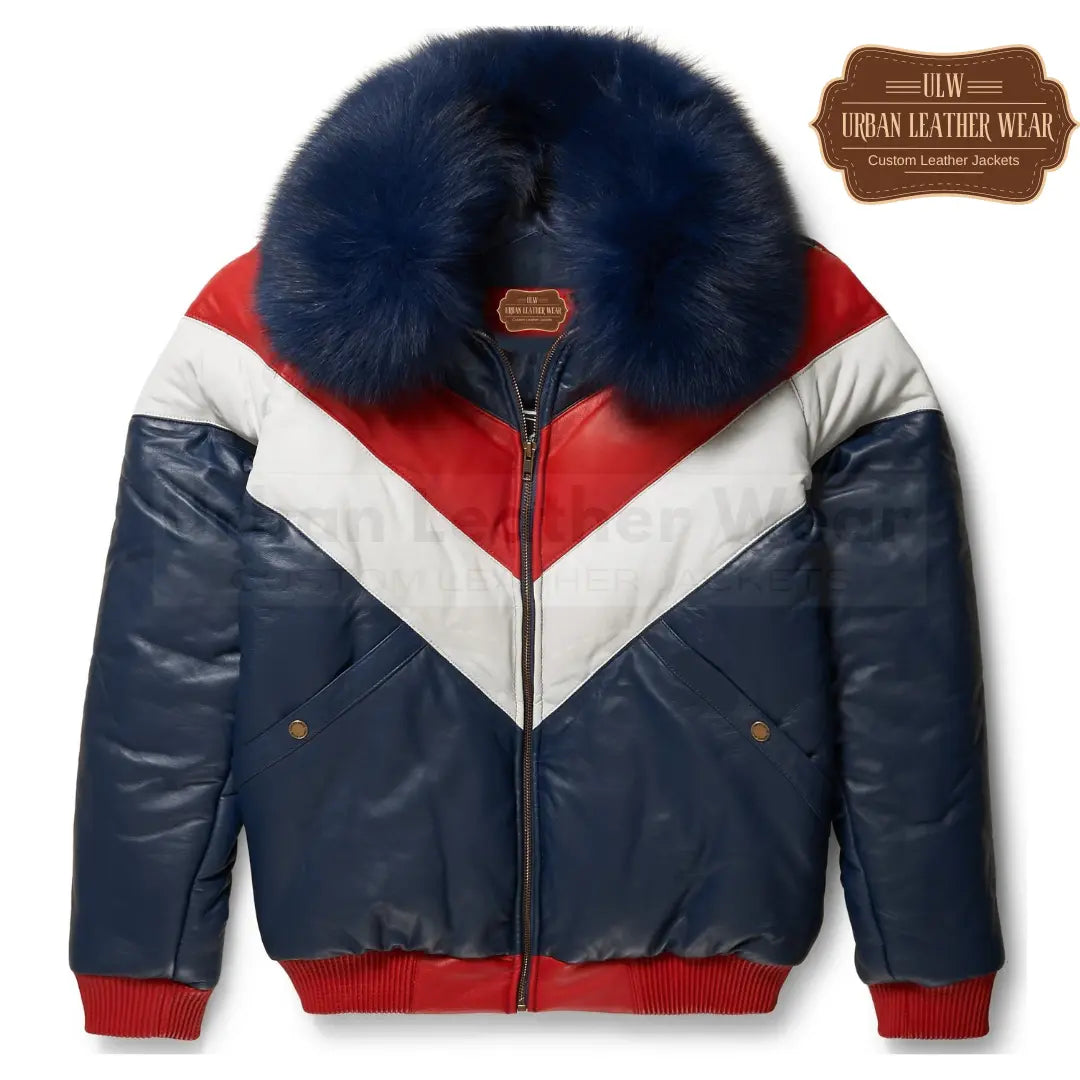 Two-Tone Leather V-Bomber Jacket in Navy, White, and Red