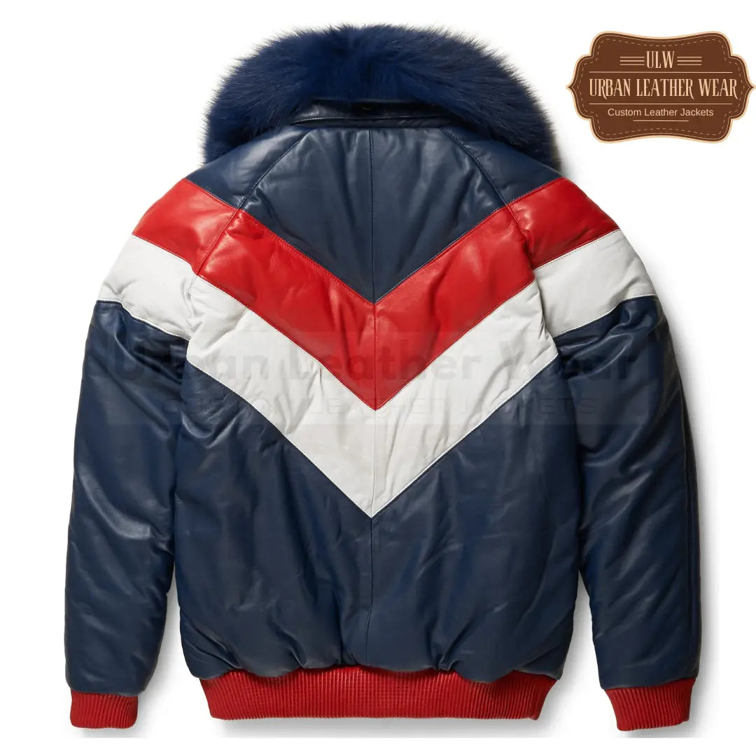 Two-Tone Leather V-Bomber Jacket in Navy, White, and Red