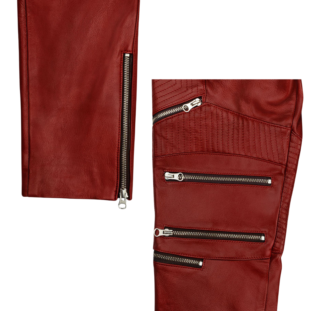 Cherry Red Zipper Leather Pants URBAN LEATHER WEAR LTD