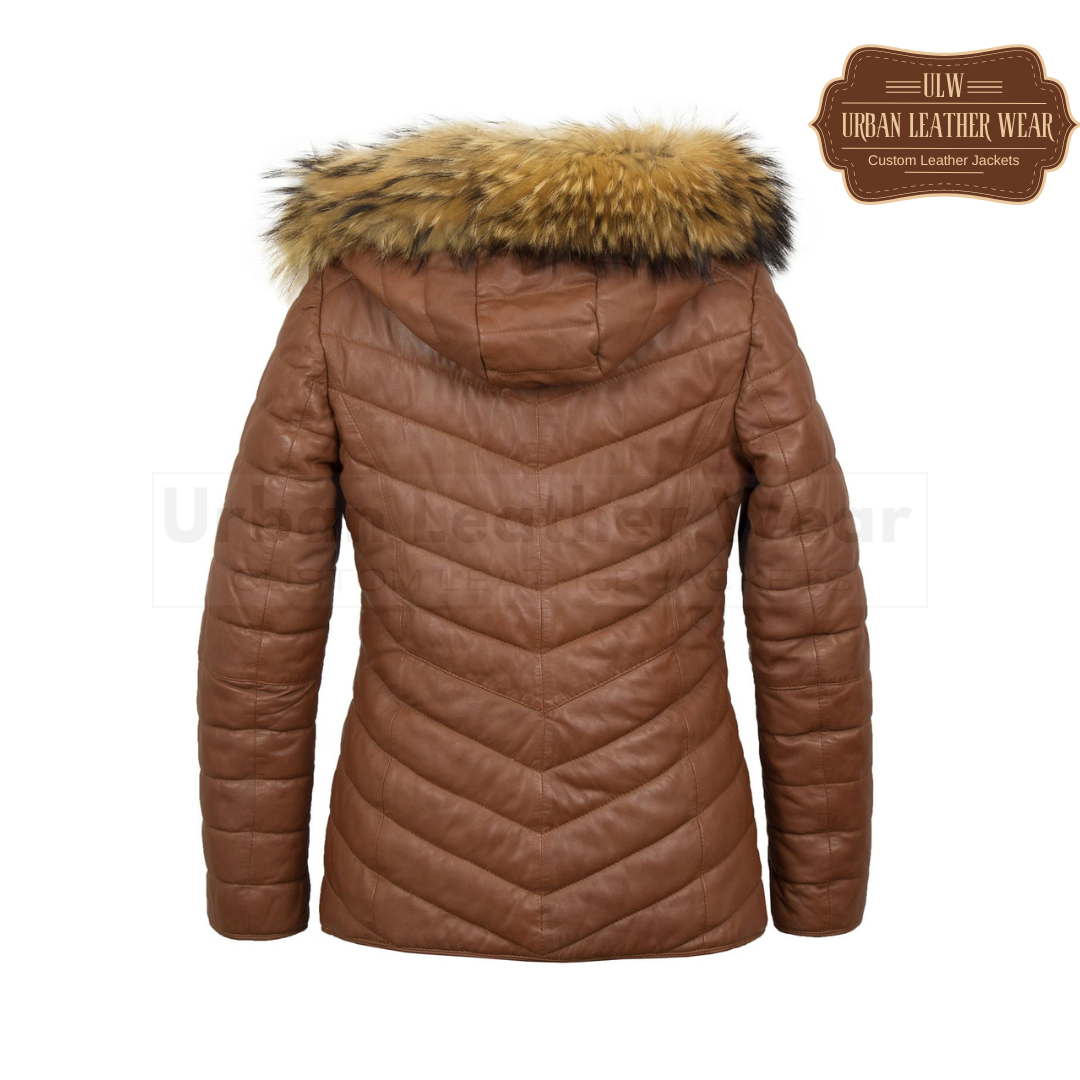 Women cognac leather padded coat

