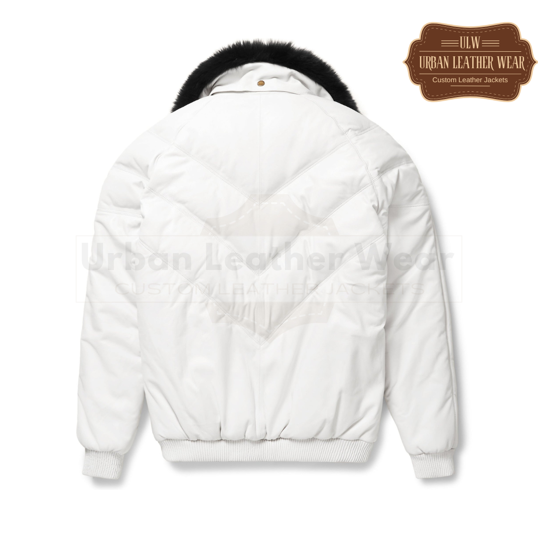 Men White Leather V Bomber Jacket