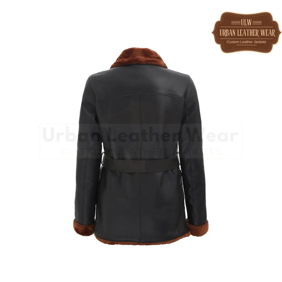 Double Breasted 3/4 Length Black Shearling Leather Coat for women