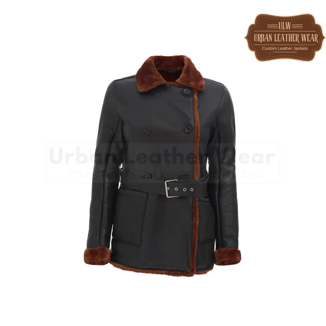 Double Breasted 3/4 Length Black Shearling Leather Coat for women