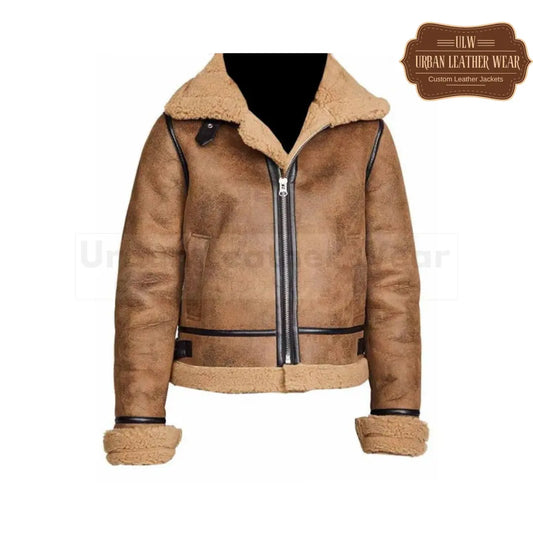 Women B3 Aviator Flight Fur Shearling Bomber Leather Jacket