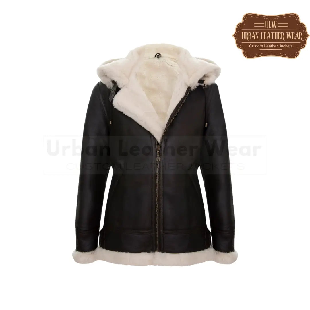 Women B3 With Detachable Hood Leather Shearling Jacket 