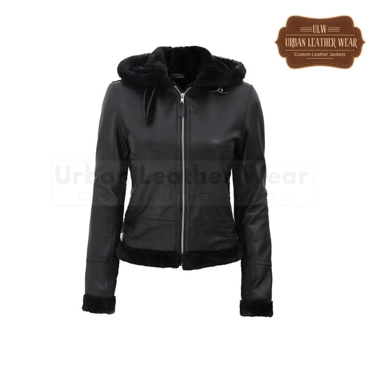 B3 Hooded Bomber Tan Shearling Leather Jacket for Women