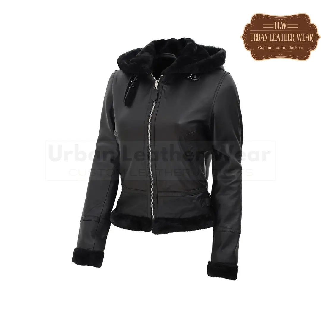 B3 Hooded Bomber Tan Shearling Leather Jacket for Women