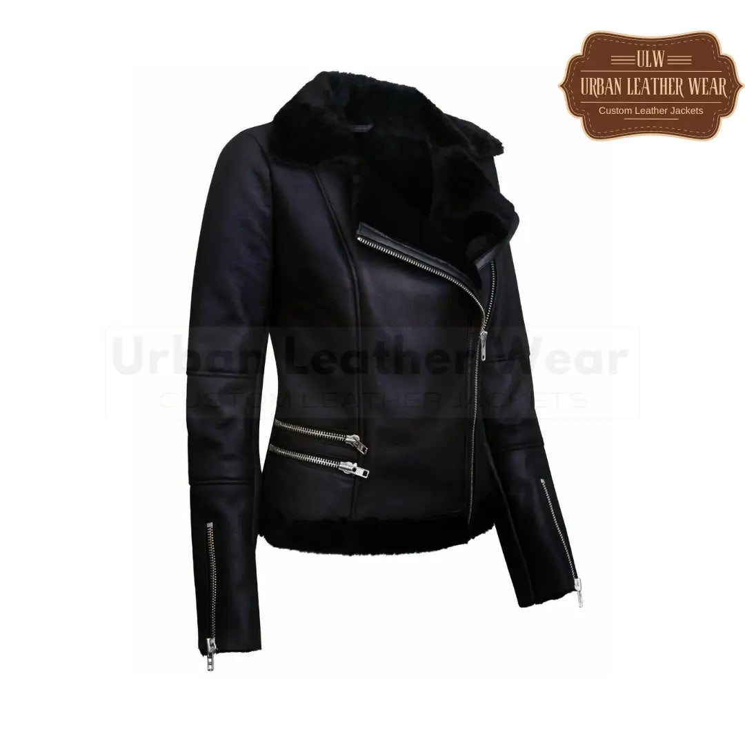 Women Black Shearling Pilot Leather Biker Jacket