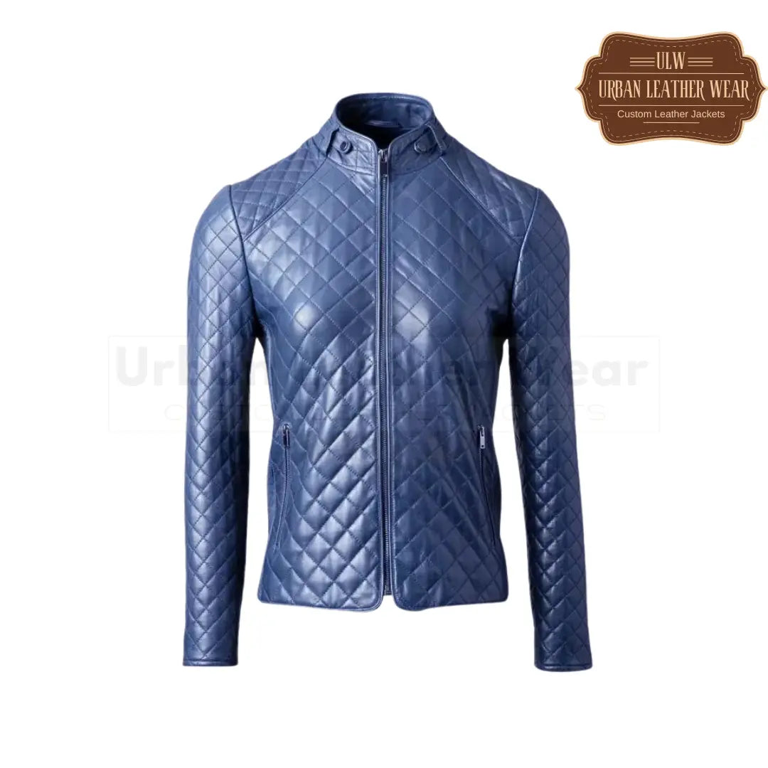 Women Blue Quilted Leather puffer Jacket

