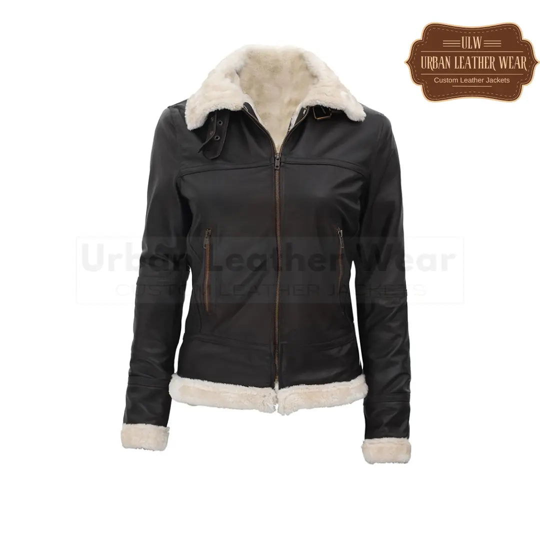 Women Brown Leather B3 Shearling Bomber Leather Jacket