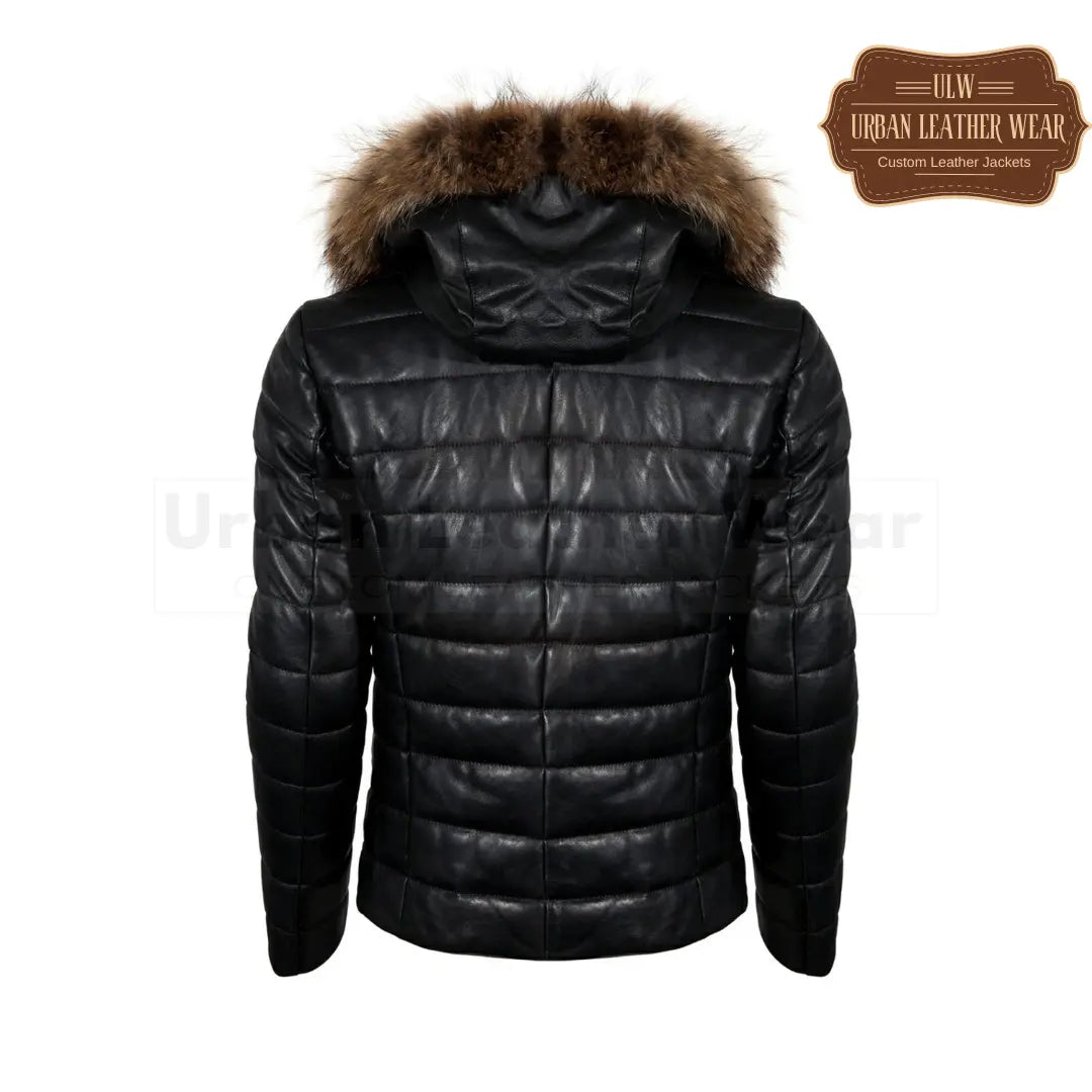 Women Puffer leather jacket with fur hoodie, featuring a fur-trimmed hood, YKK zip closure, and two outer pockets, designed for warmth and style.