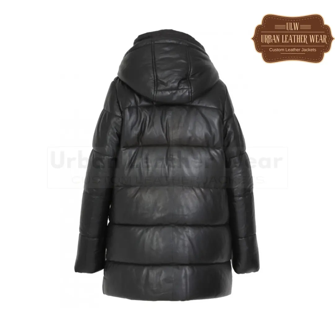 Women Real Leather Hooded Mid Long Coat

