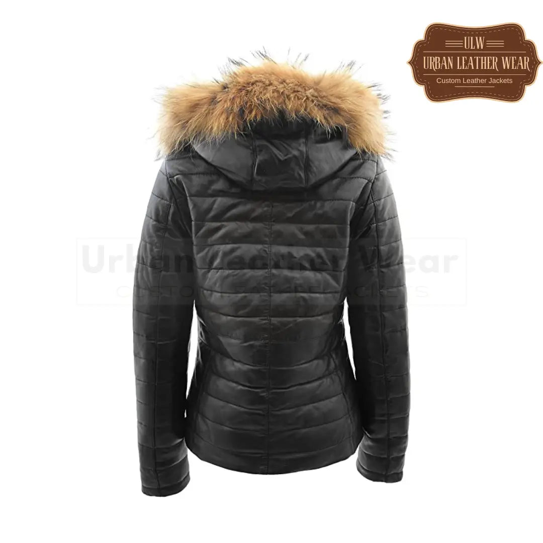 Women Real Leather Puffer Jacket Quilted Removable Hood (Black)
