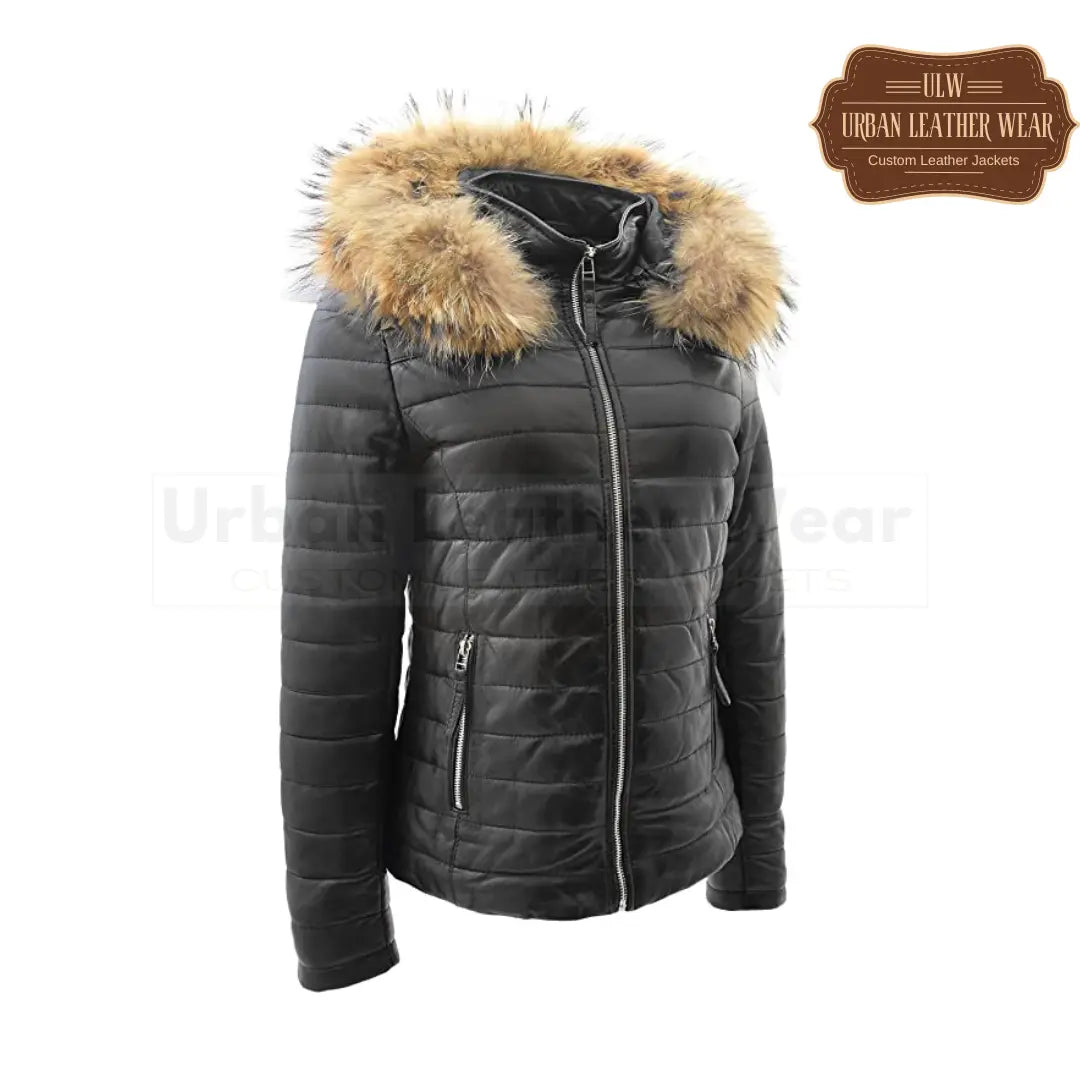 Women Real Leather Puffer Jacket Quilted Removable Hood (Black)
