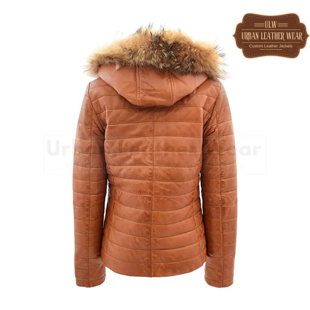 Women Real Leather Puffer Jacket Quilted Removable Hood (brown)
