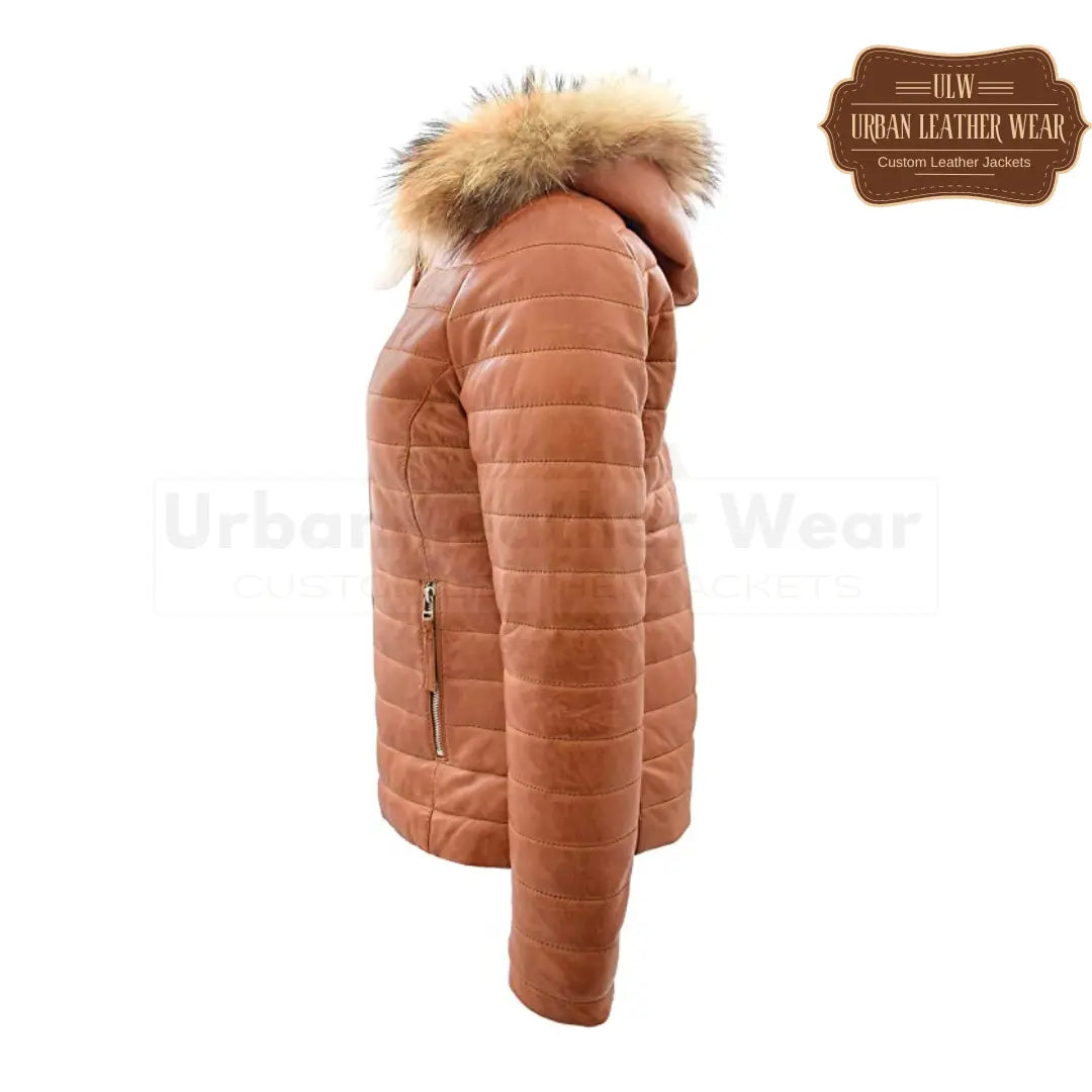 Women Real Leather Puffer Jacket Quilted Removable Hood (brown)
