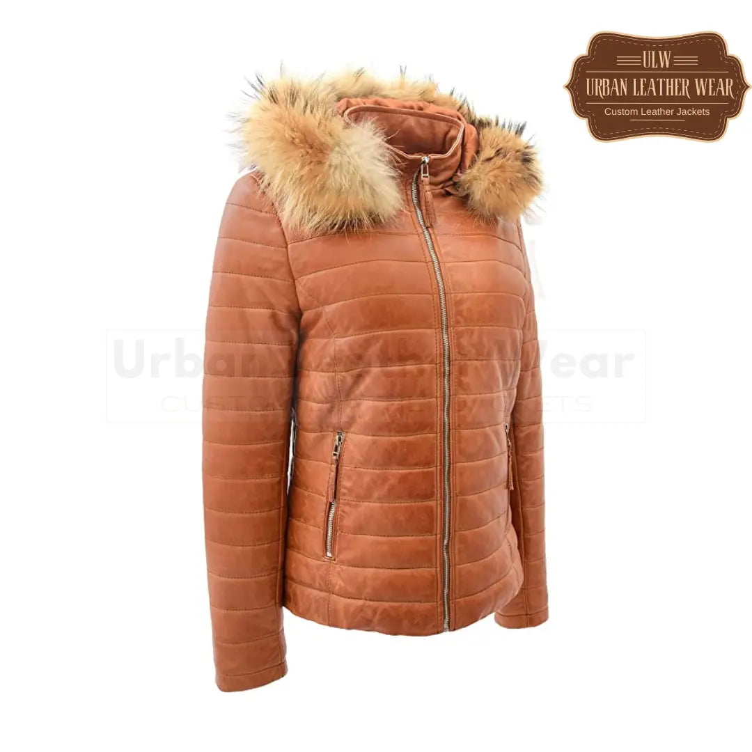 Women Real Leather Puffer Jacket Quilted Removable Hood (brown)
