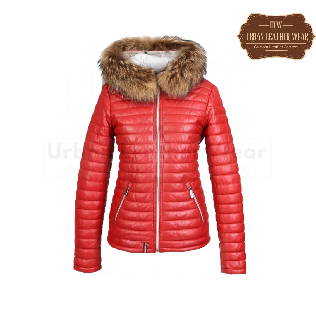 Women Real fur hooded genuine leather jacket (Red)

