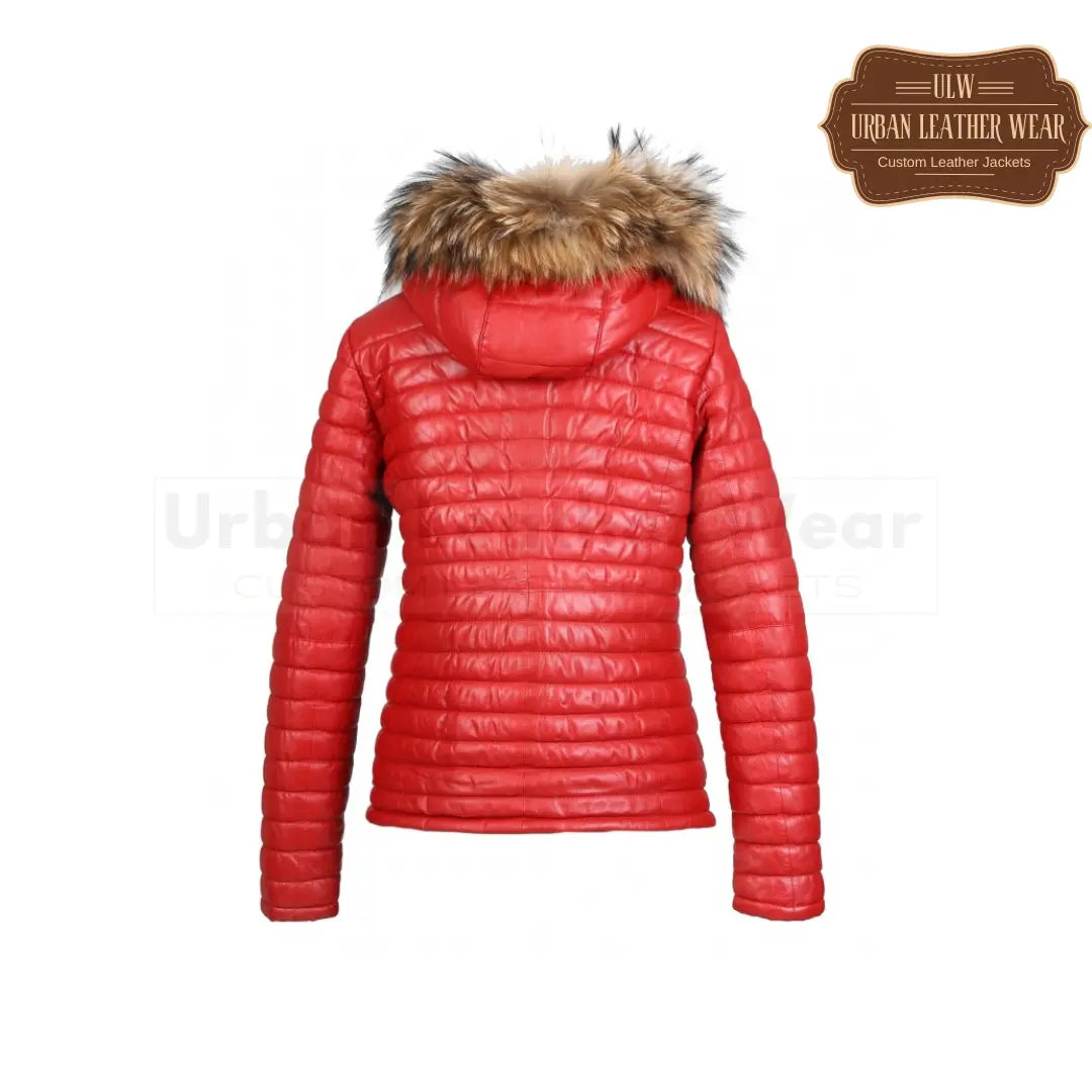 Women Real fur hooded genuine leather jacket (Red)